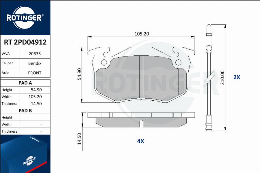 Rotinger RT 2PD04912 - Kit de plaquettes de frein, frein à disque cwaw.fr