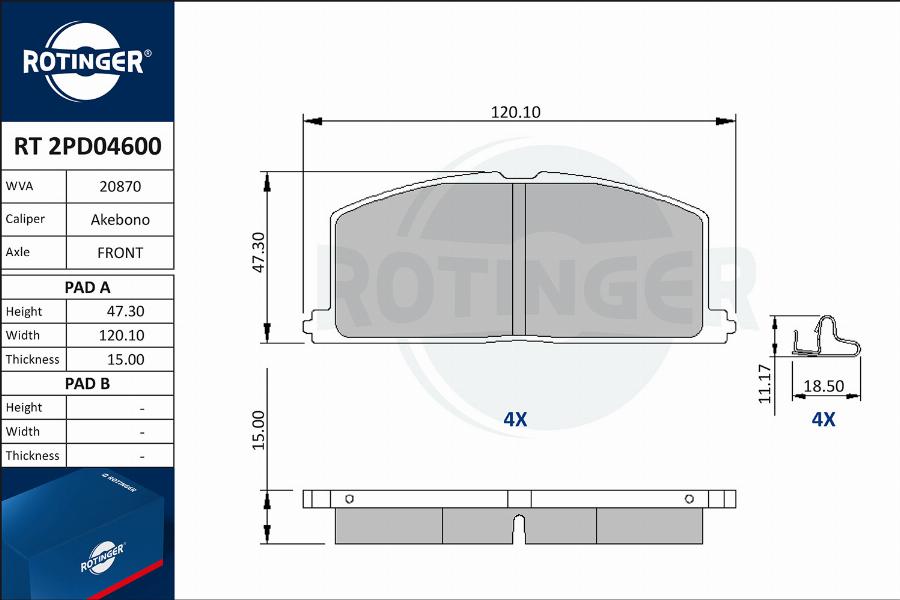 Rotinger RT 2PD04600 - Kit de plaquettes de frein, frein à disque cwaw.fr