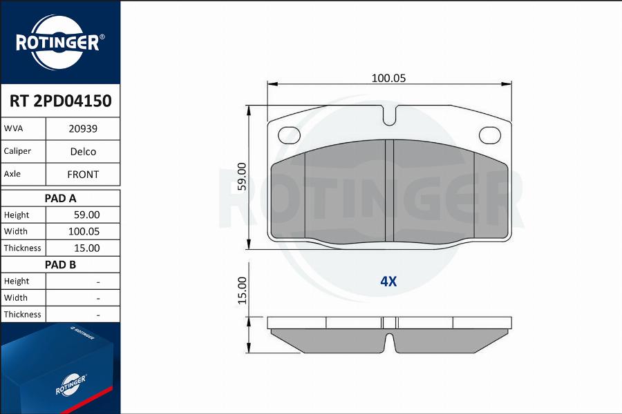 Rotinger RT 2PD04150 - Kit de plaquettes de frein, frein à disque cwaw.fr