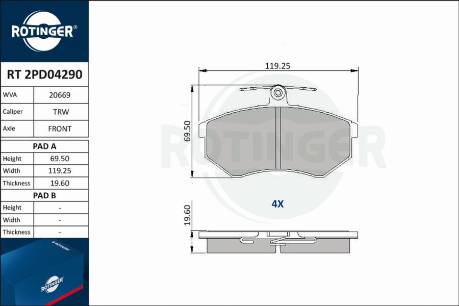 Rotinger RT 2PD04290 - Kit de plaquettes de frein, frein à disque cwaw.fr