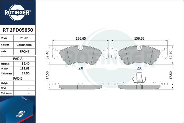 Rotinger RT 2PD05850 - Kit de plaquettes de frein, frein à disque cwaw.fr