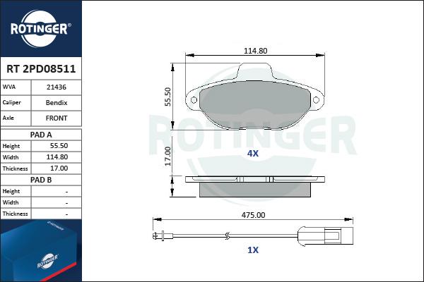 Rotinger RT 2PD08511 - Kit de plaquettes de frein, frein à disque cwaw.fr