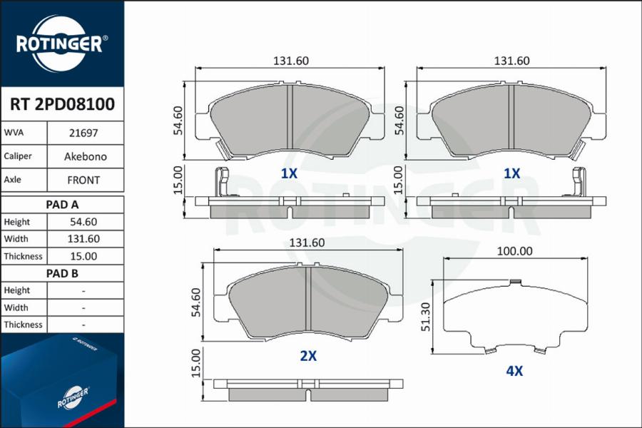 Rotinger RT 2PD08100 - Kit de plaquettes de frein, frein à disque cwaw.fr