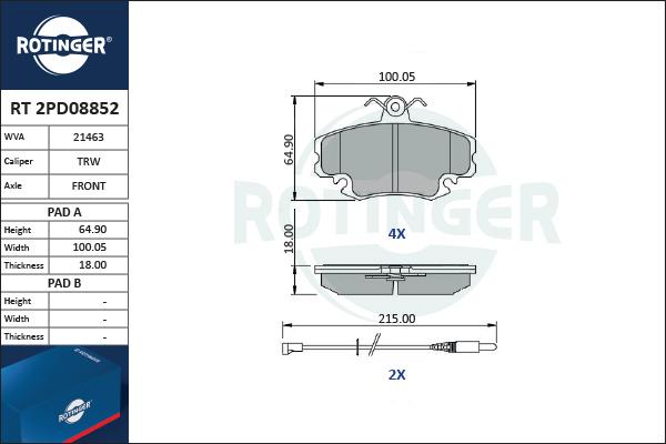 Rotinger RT 2PD08852 - Kit de plaquettes de frein, frein à disque cwaw.fr