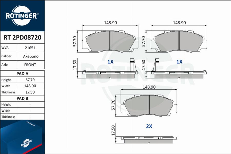 Rotinger RT 2PD08720 - Kit de plaquettes de frein, frein à disque cwaw.fr