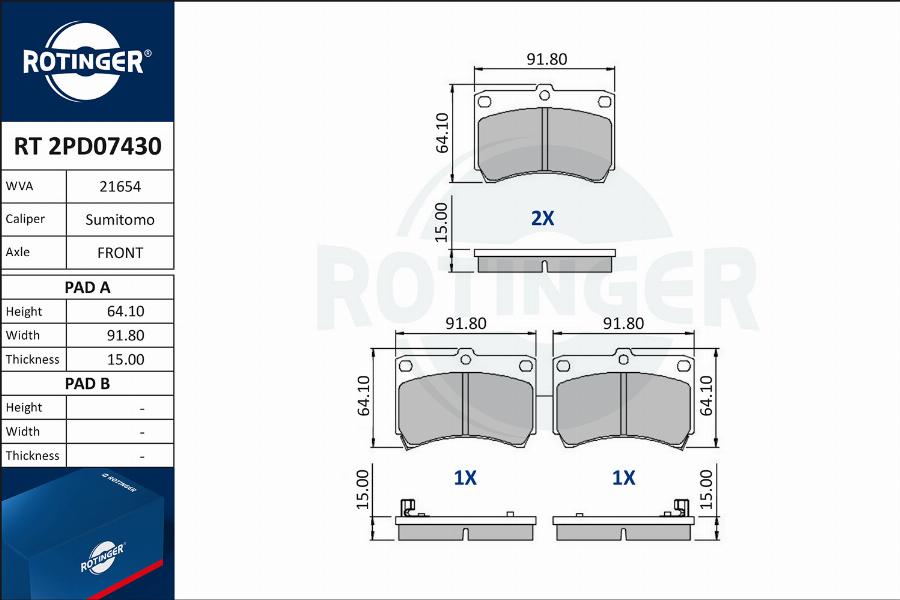 Rotinger RT 2PD07430 - Kit de plaquettes de frein, frein à disque cwaw.fr