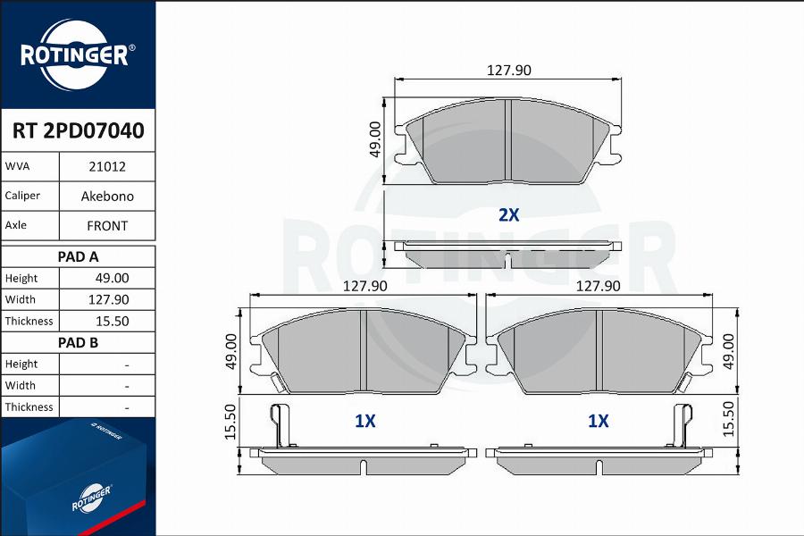 Rotinger RT 2PD07040 - Kit de plaquettes de frein, frein à disque cwaw.fr