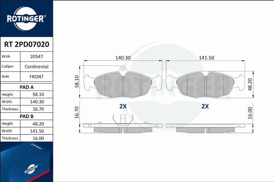 Rotinger RT 2PD07020 - Kit de plaquettes de frein, frein à disque cwaw.fr