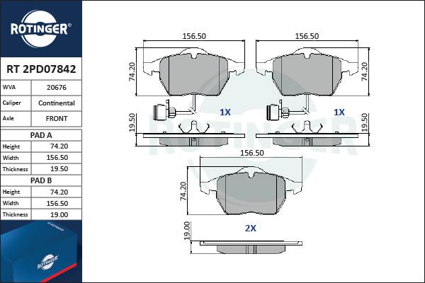 Rotinger RT 2PD07842 - Kit de plaquettes de frein, frein à disque cwaw.fr