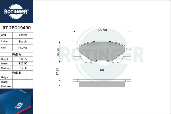 Rotinger RT 2PD19490 - Kit de plaquettes de frein, frein à disque cwaw.fr