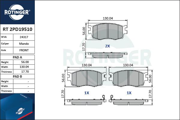 Rotinger RT 2PD19510 - Kit de plaquettes de frein, frein à disque cwaw.fr