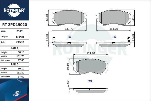 Rotinger RT 2PD19020 - Kit de plaquettes de frein, frein à disque cwaw.fr