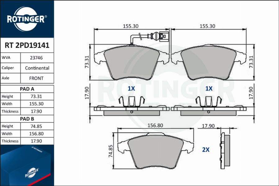 Rotinger RT 2PD19141 - Kit de plaquettes de frein, frein à disque cwaw.fr