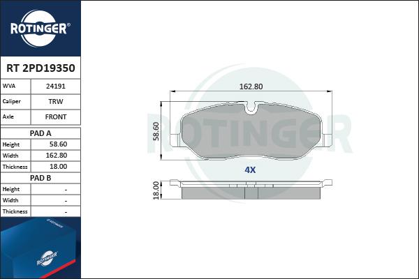 Rotinger RT 2PD19350 - Kit de plaquettes de frein, frein à disque cwaw.fr