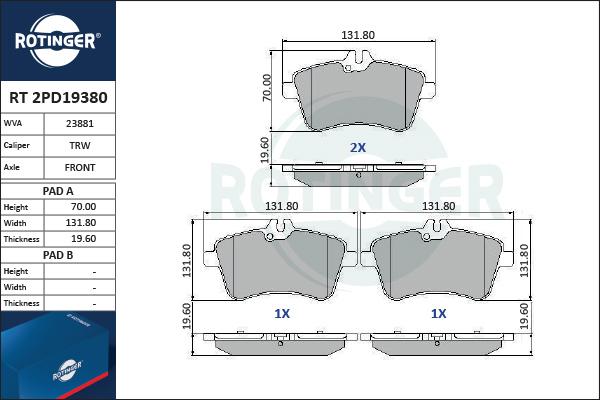 Rotinger RT 2PD19380 - Kit de plaquettes de frein, frein à disque cwaw.fr