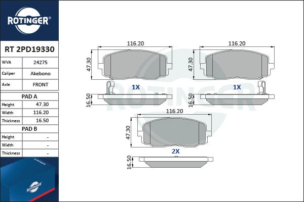 Rotinger RT 2PD19330 - Kit de plaquettes de frein, frein à disque cwaw.fr