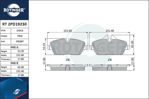 Rotinger RT 2PD19230 - Kit de plaquettes de frein, frein à disque cwaw.fr