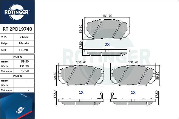 Rotinger RT 2PD19740 - Kit de plaquettes de frein, frein à disque cwaw.fr