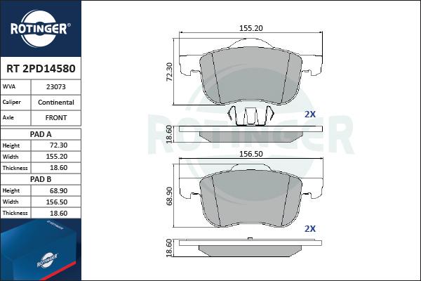 Rotinger RT 2PD14580 - Kit de plaquettes de frein, frein à disque cwaw.fr