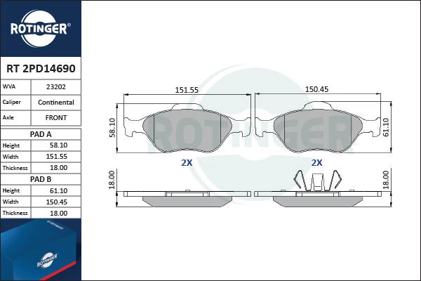 Rotinger RT 2PD14690 - Kit de plaquettes de frein, frein à disque cwaw.fr