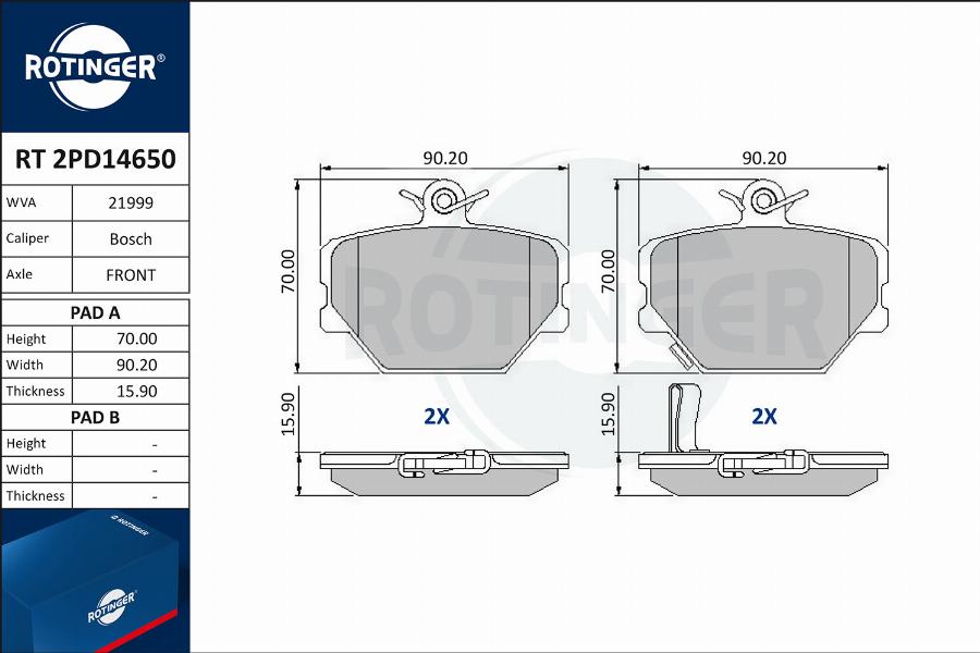 Rotinger RT 2PD14650 - Kit de plaquettes de frein, frein à disque cwaw.fr