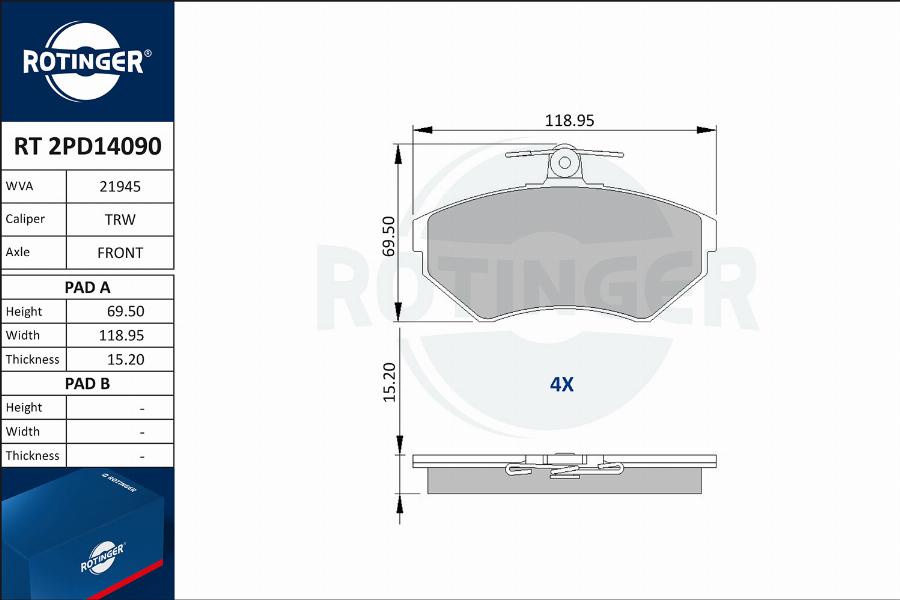 Rotinger RT 2PD14090 - Kit de plaquettes de frein, frein à disque cwaw.fr