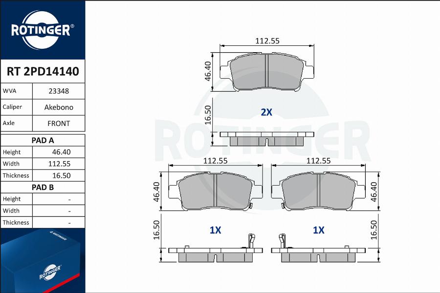 Rotinger RT 2PD14140 - Kit de plaquettes de frein, frein à disque cwaw.fr