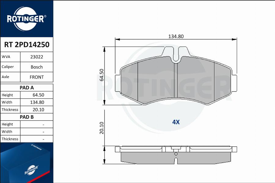 Rotinger RT 2PD14250 - Kit de plaquettes de frein, frein à disque cwaw.fr