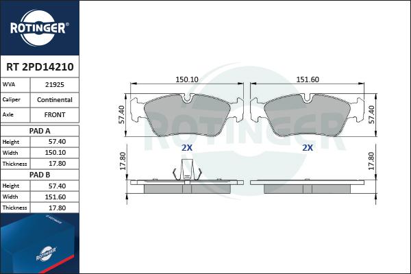 Rotinger RT 2PD14210 - Kit de plaquettes de frein, frein à disque cwaw.fr