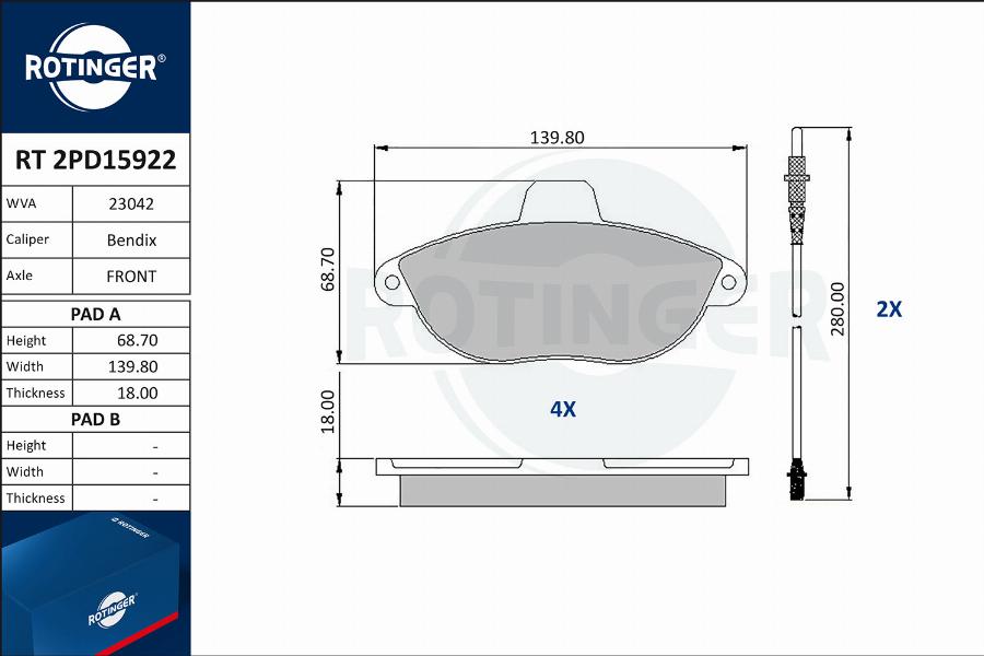 Rotinger RT 2PD15922 - Kit de plaquettes de frein, frein à disque cwaw.fr