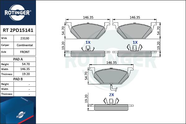 Rotinger RT 2PD15141 - Kit de plaquettes de frein, frein à disque cwaw.fr