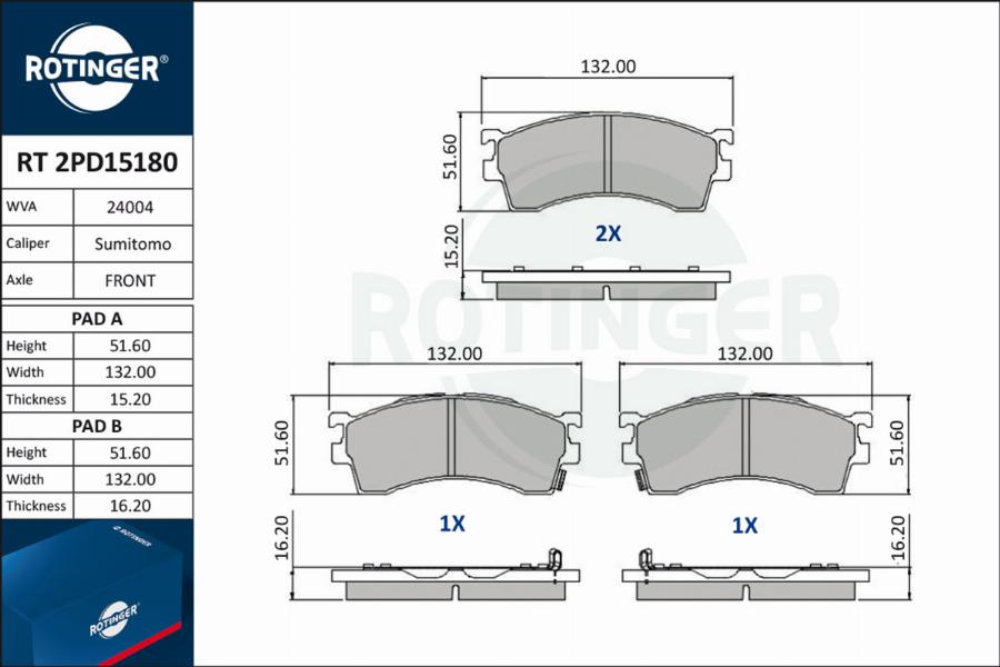 Rotinger RT 2PD15180 - Kit de plaquettes de frein, frein à disque cwaw.fr