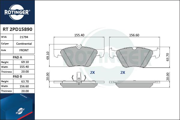 Rotinger RT 2PD15890 - Kit de plaquettes de frein, frein à disque cwaw.fr