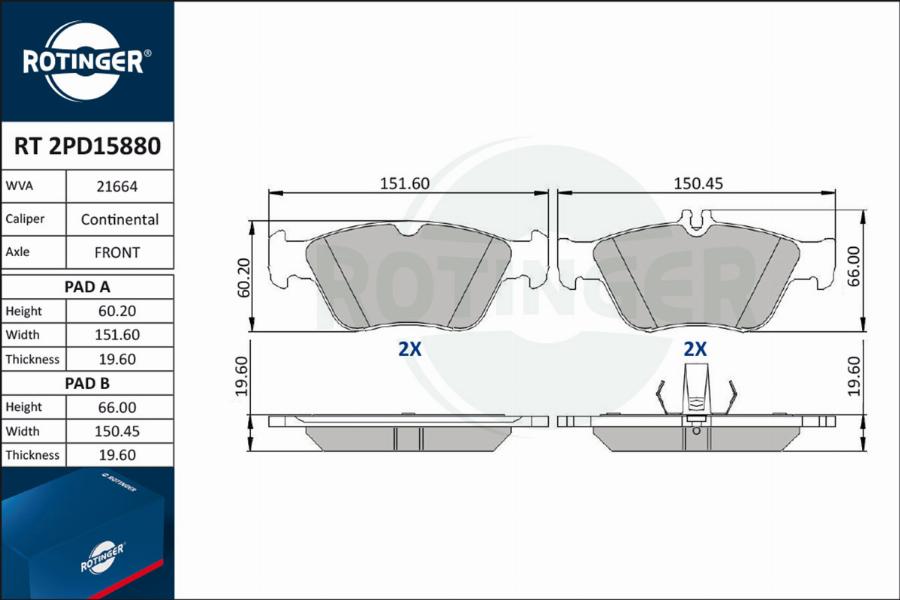 Rotinger RT 2PD15880 - Kit de plaquettes de frein, frein à disque cwaw.fr