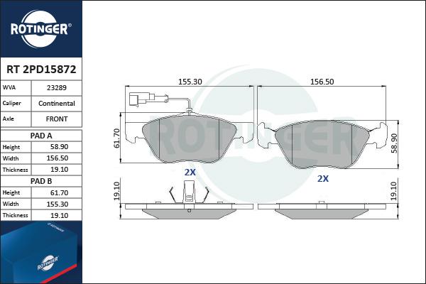 Rotinger RT 2PD15872 - Kit de plaquettes de frein, frein à disque cwaw.fr