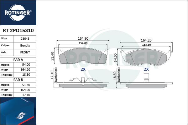 Rotinger RT 2PD15310 - Kit de plaquettes de frein, frein à disque cwaw.fr