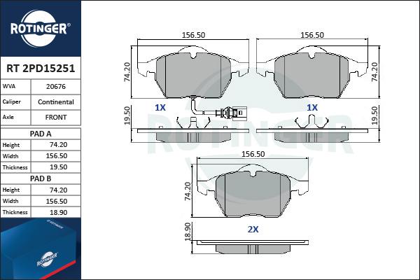 Rotinger RT 2PD15251 - Kit de plaquettes de frein, frein à disque cwaw.fr