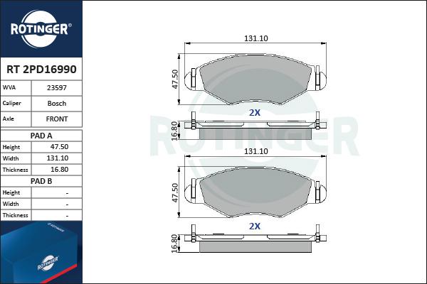 Rotinger RT 2PD16990 - Kit de plaquettes de frein, frein à disque cwaw.fr