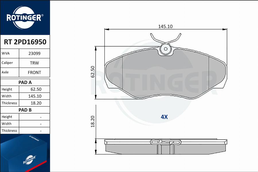 Rotinger RT 2PD16950 - Kit de plaquettes de frein, frein à disque cwaw.fr