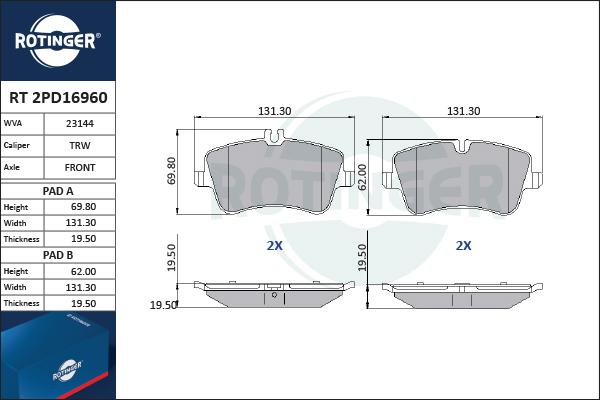 Rotinger RT 2PD16960 - Kit de plaquettes de frein, frein à disque cwaw.fr