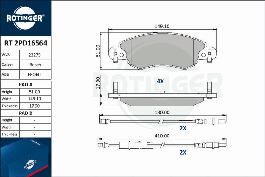 Rotinger RT 2PD16564 - Kit de plaquettes de frein, frein à disque cwaw.fr