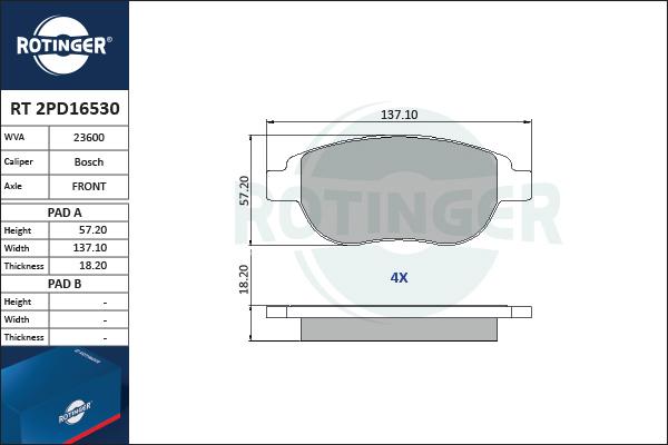 Rotinger RT 2PD16530 - Kit de plaquettes de frein, frein à disque cwaw.fr