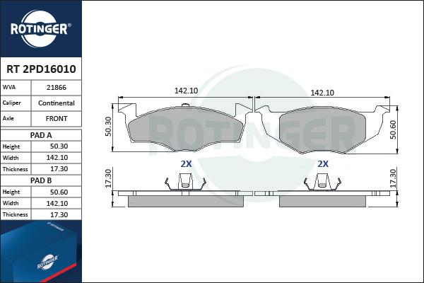 Rotinger RT 2PD16010 - Kit de plaquettes de frein, frein à disque cwaw.fr