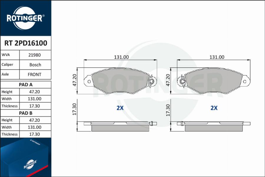 Rotinger RT 2PD16100 - Kit de plaquettes de frein, frein à disque cwaw.fr