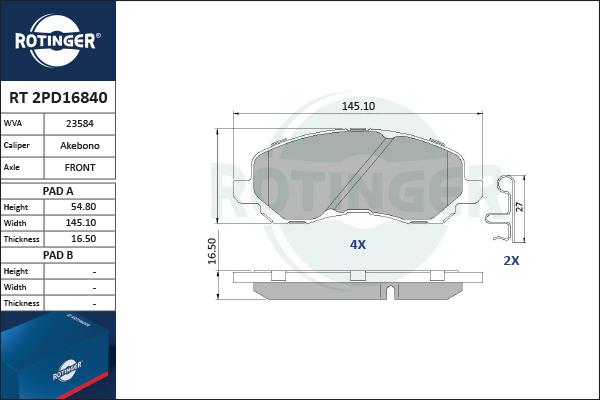 Rotinger RT 2PD16840 - Kit de plaquettes de frein, frein à disque cwaw.fr