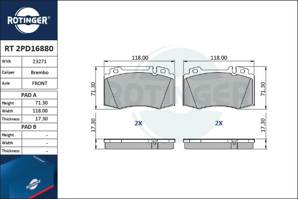 Rotinger RT 2PD16880 - Kit de plaquettes de frein, frein à disque cwaw.fr