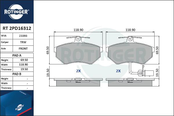 Rotinger RT 2PD16312 - Kit de plaquettes de frein, frein à disque cwaw.fr