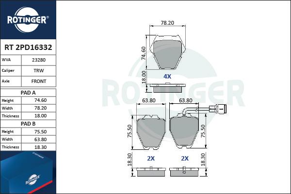 Rotinger RT 2PD16332 - Kit de plaquettes de frein, frein à disque cwaw.fr