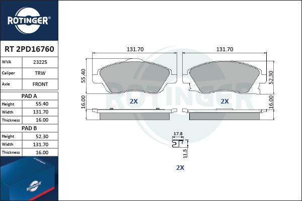 Rotinger RT 2PD16760 - Kit de plaquettes de frein, frein à disque cwaw.fr