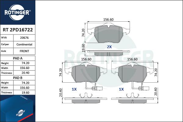 Rotinger RT 2PD16722 - Kit de plaquettes de frein, frein à disque cwaw.fr